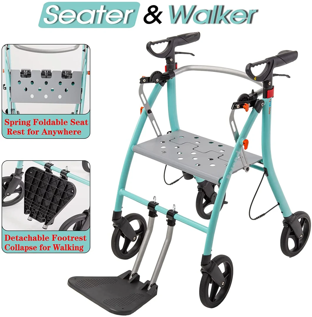 Elderly Portable Folding Rollator Aluminum Alloy Lightweight 4 Wheels Walker Rollator